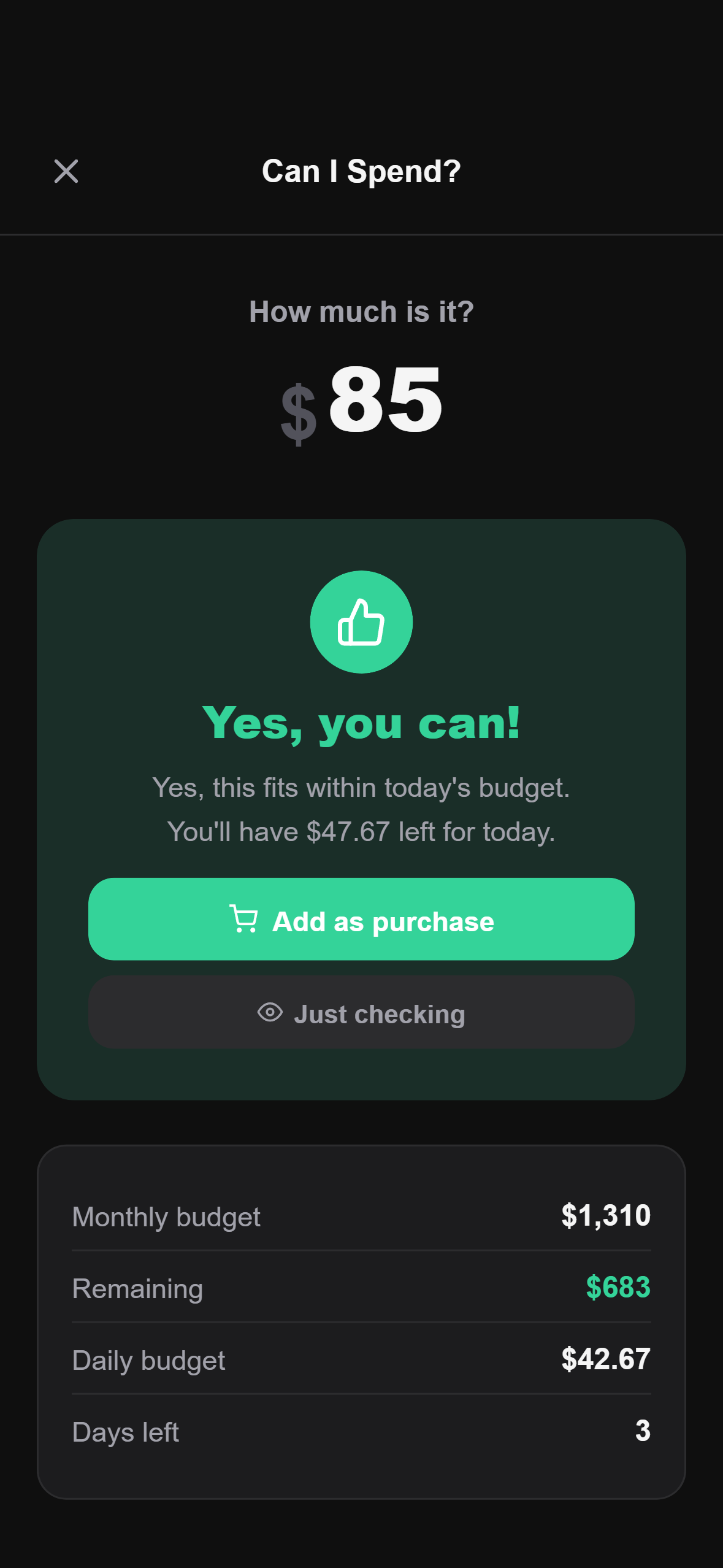 Can I Spend feature showing affordability check