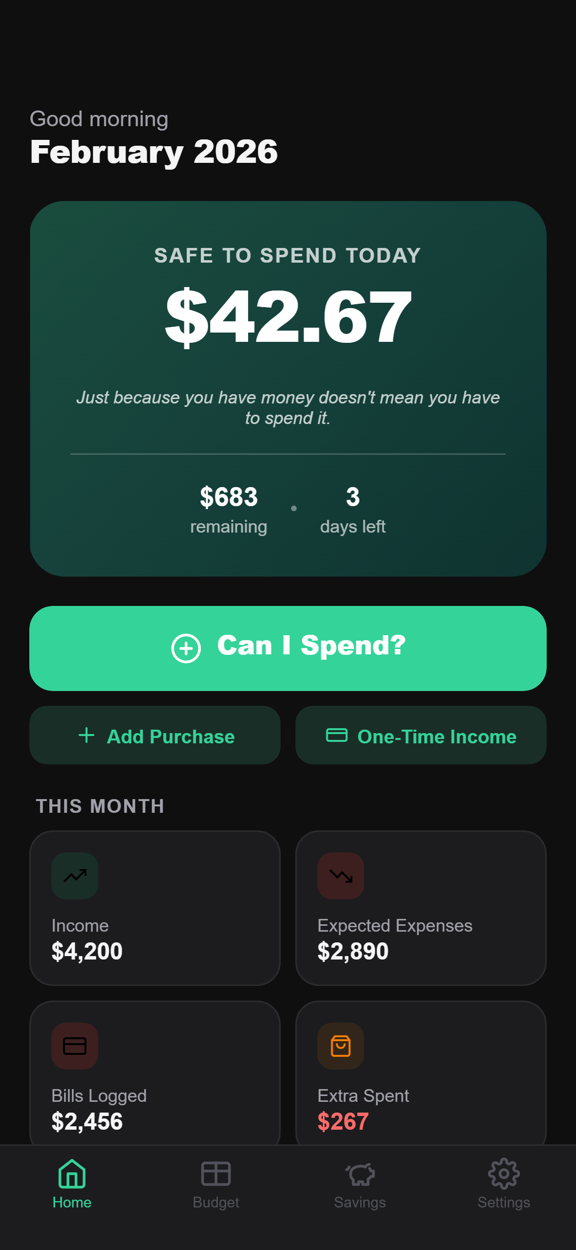 Margen app dashboard showing your daily safe-to-spend amount
